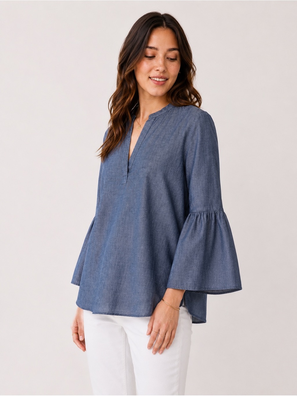 LOFT Chambray Bell Sleeve Blouse Womens XS Blue Lyocell Lightweight Top - Picture 12 of 12